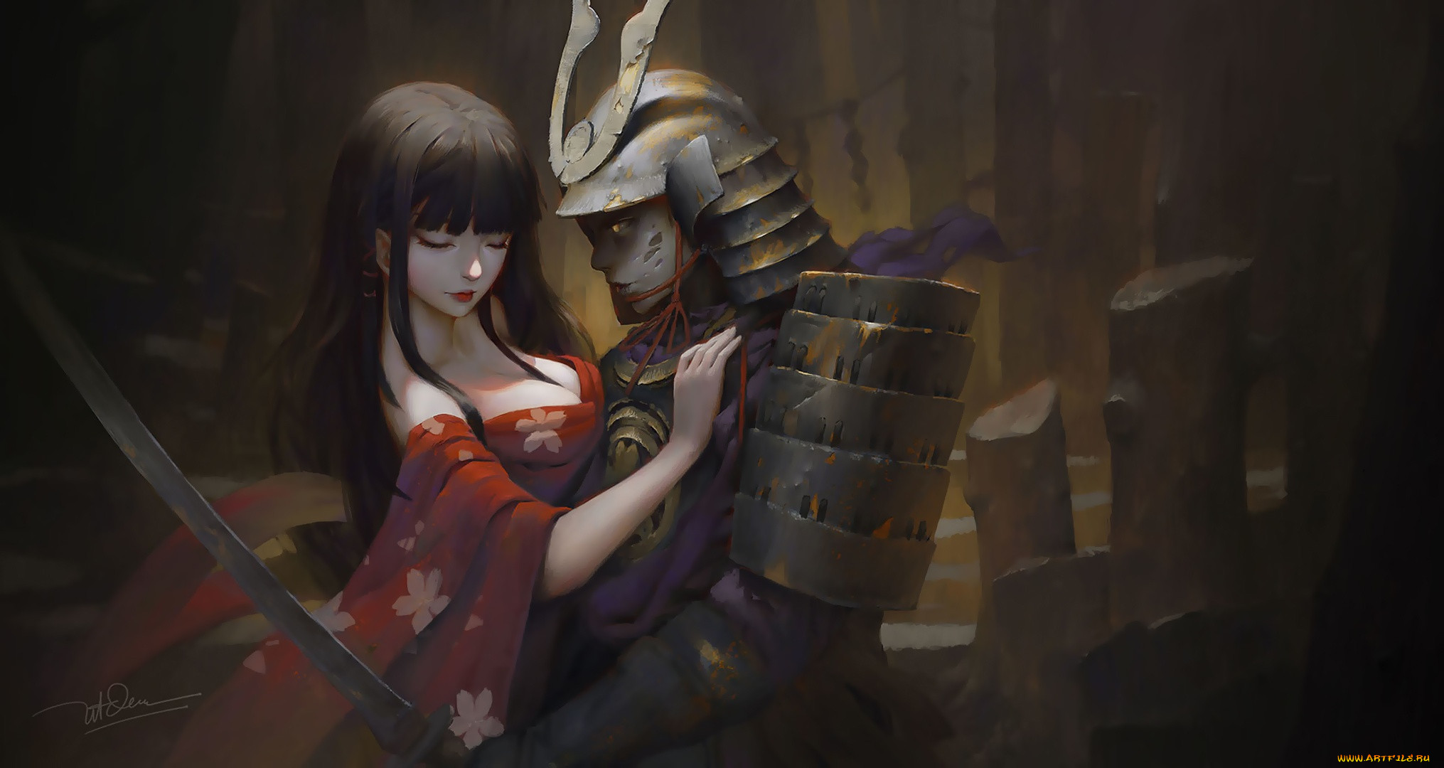 , , sword, breast, dao, le, trong, chest, katana, helmet, japanese, girl, fantasy, art, warrior, artwork, painting, kimono, armor, cleavage, hug, samurai